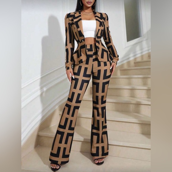 SHEIN Pants - SHEIN Black and Tan Patterned Flare Pantsuit